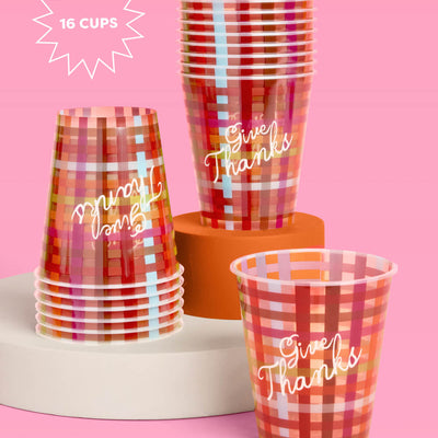 Give Thanks Plaid Cups - 16 fall party cups