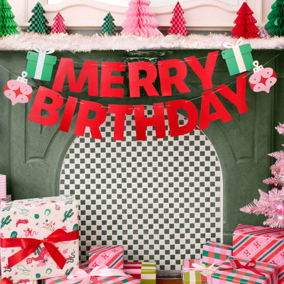 Merry Bday Banner - red glitter banner
