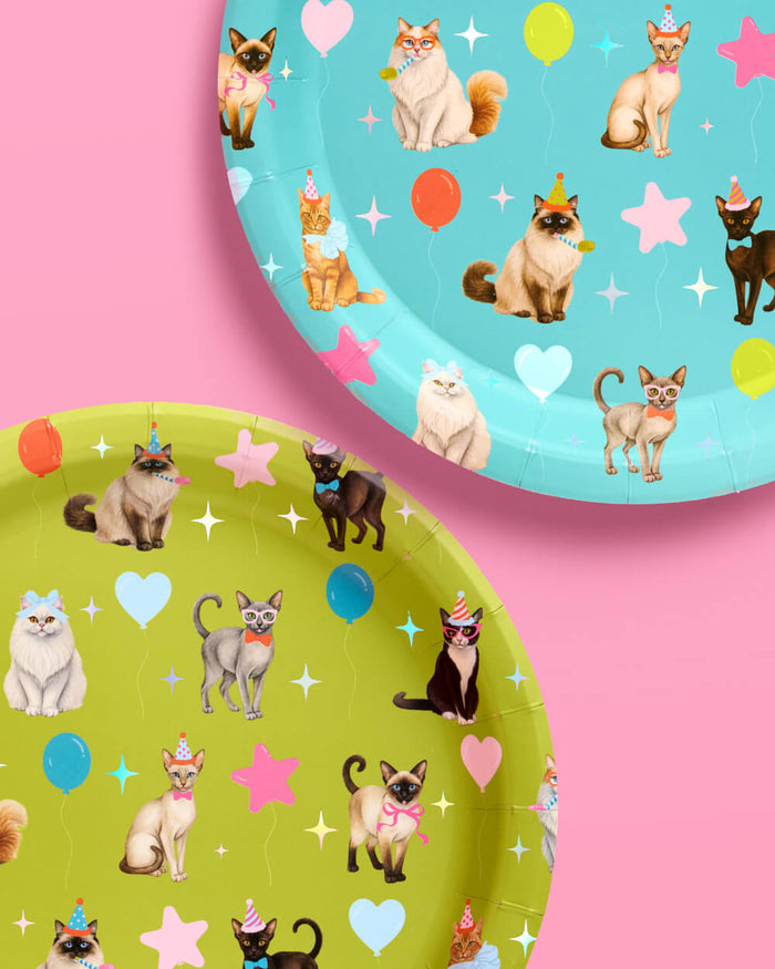 Cat Bday Bundle - banner, napkins, plates + party hats