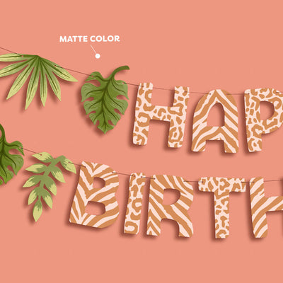 Safari Birthday Banner - animal print + leaf icons