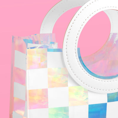 Checked Out Bags - 6 white + clear iridescent bags