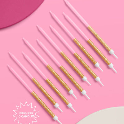 Pink + Gold Glitter Candles - 10 birthday candles