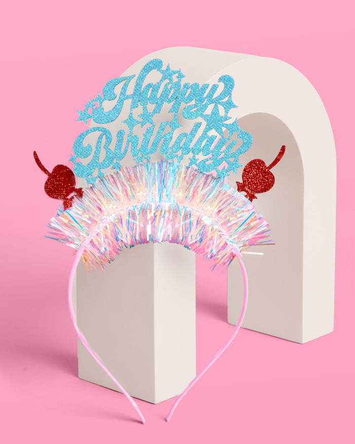 HBD Headband - cherry tinsel headband