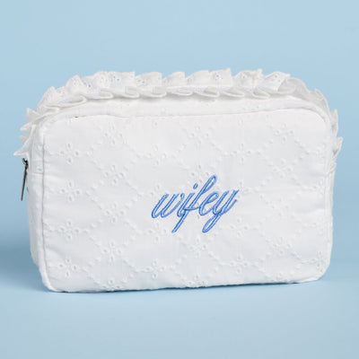 Wifey Eyelet Cosmetic Bag - white embroidered bag