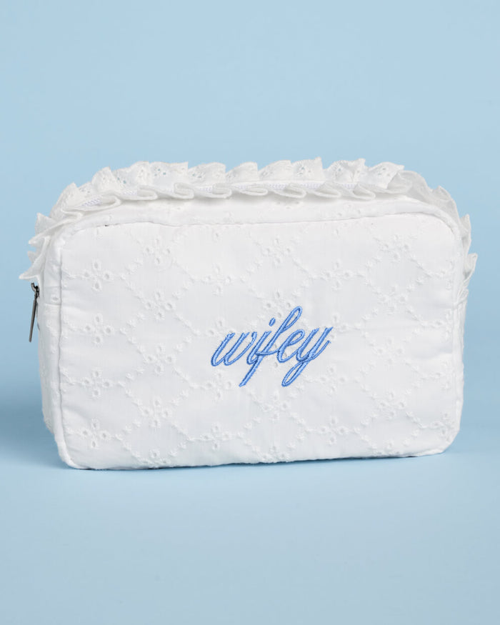 Wifey Eyelet Cosmetic Bag - white embroidered bag