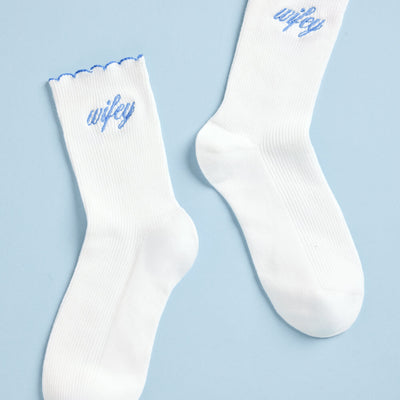 Wifey Ruffle Socks - crew socks with blue embroidery
