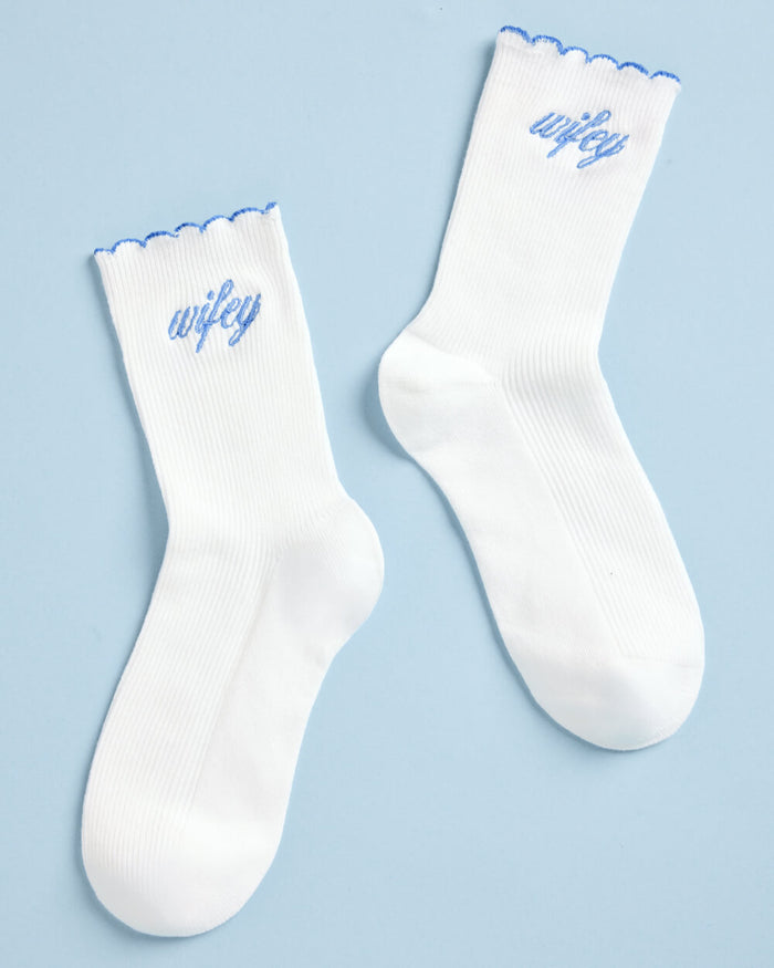 Wifey Ruffle Socks - crew socks with blue embroidery