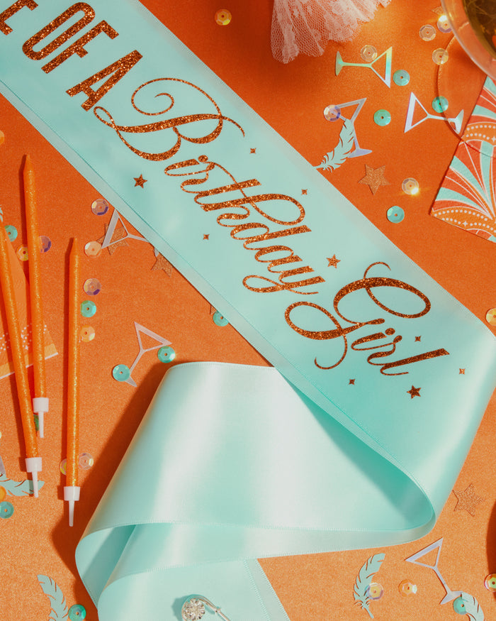 Life of A Birthday Girl Sash - teal sash + orange foil