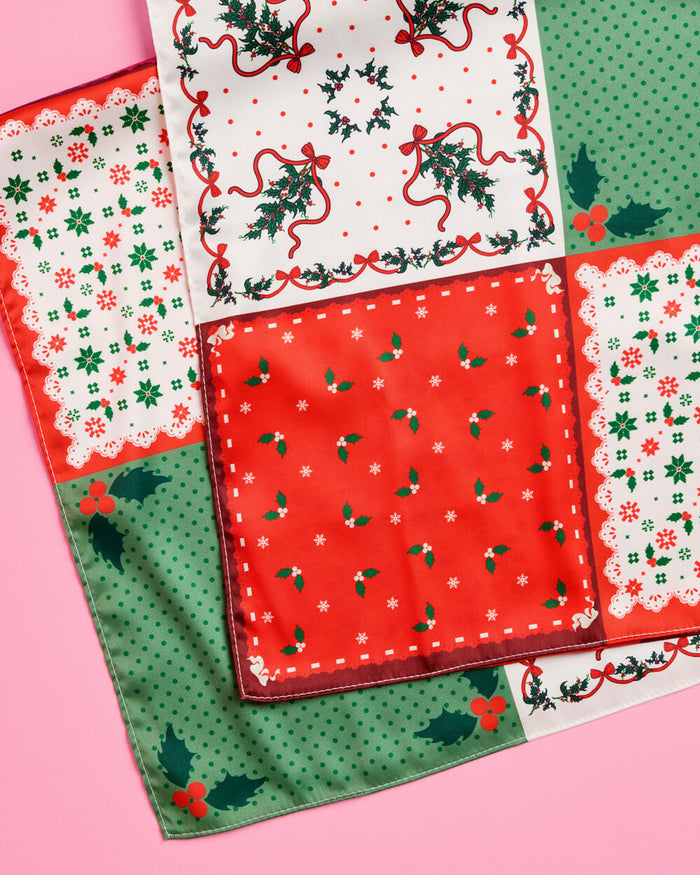 Holly Jolly Headscarf - red + green satin headscarf
