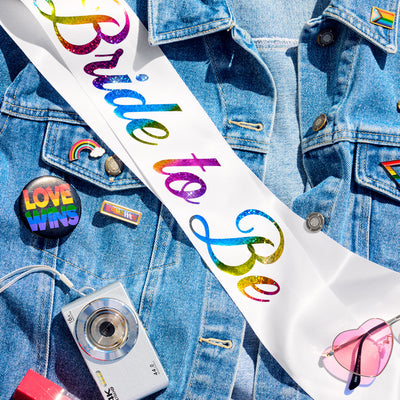 Bride Pride Sash - white silk + rainbow foil