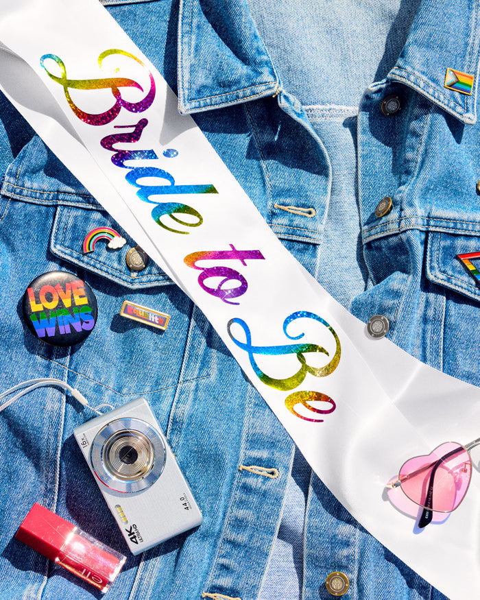 Bride Pride Sash - white silk + rainbow foil