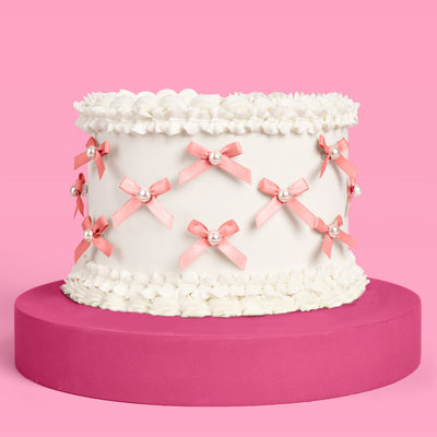 Pink Bow Cake Toppers - 12 pink + pearl cake toppers
