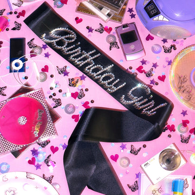 That Bday Girl Sash - black silk + rhinestones
