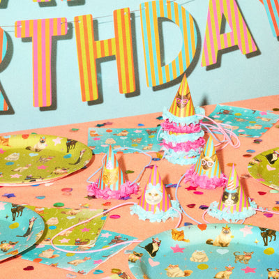 Cat Bday Bundle - banner, napkins, plates + party hats