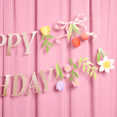 Floral Birthday Banner - gold glitter banner