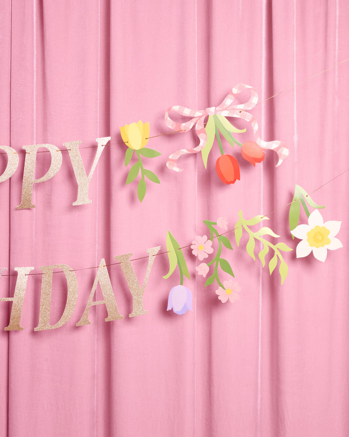 Floral Birthday Banner - gold glitter banner