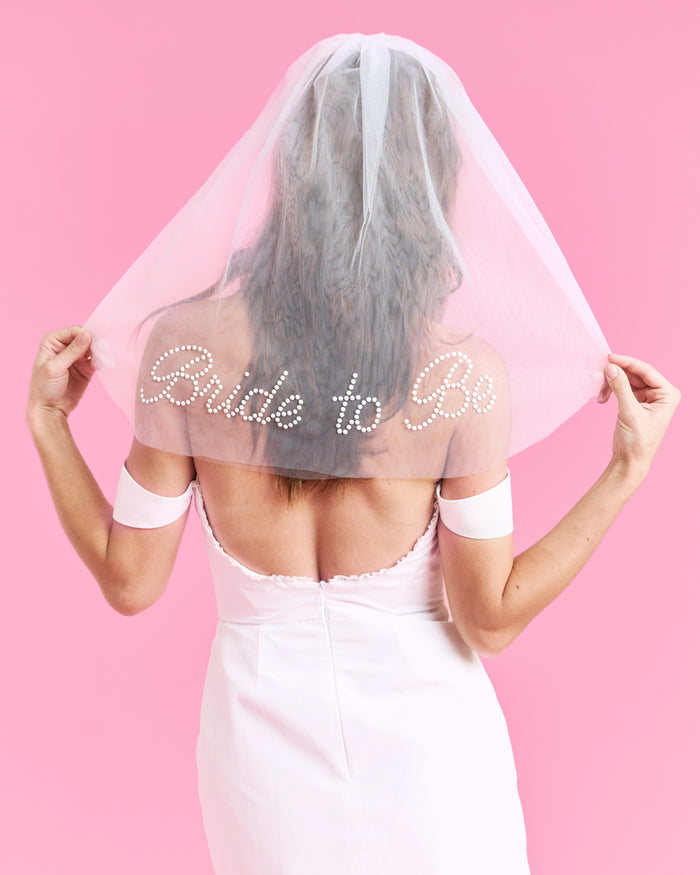 Bride To Be Pearl Veil - white tulle veil + pearl logo