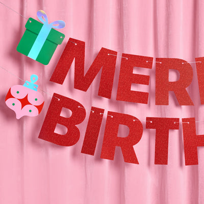 Merry Bday Banner - red glitter banner