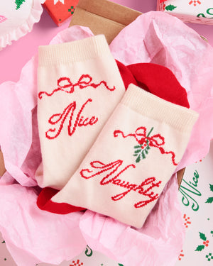 Naughty & Nice Knit Socks - cream crew socks