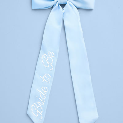 Bride To Be Pearl Bow - light blue satin + pearl logo
