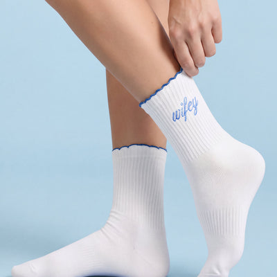 Wifey Ruffle Socks - crew socks with blue embroidery