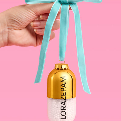 Lorazepam Ornament - gold and clear ornament