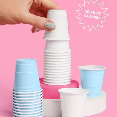 Blue + White Shot Glasses - 50 plastic shot glasses
