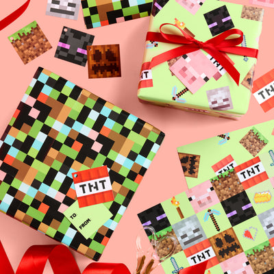 Pixel Mining Wrapping Paper Set - 12 sheets + 16 tags