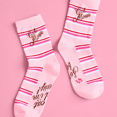 Cat Mom Socks - pink crew socks
