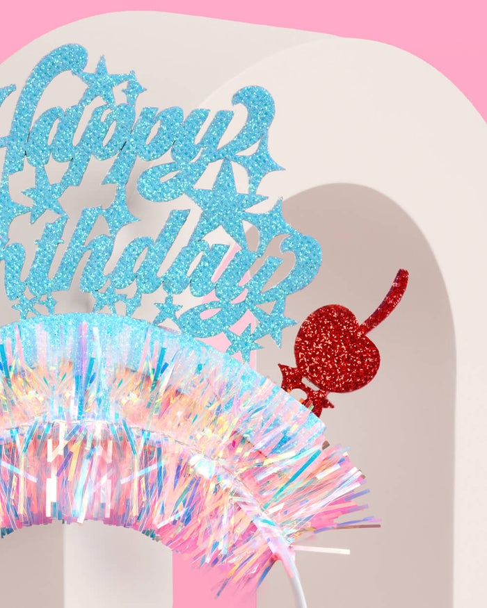 HBD Headband - cherry tinsel headband