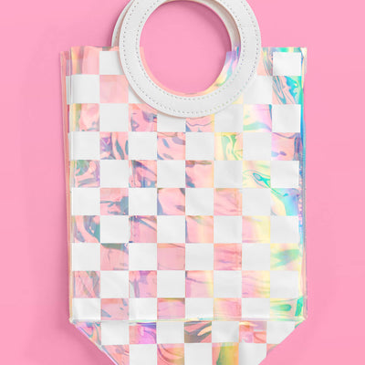 Checked Out Bags - 6 white + clear iridescent bags