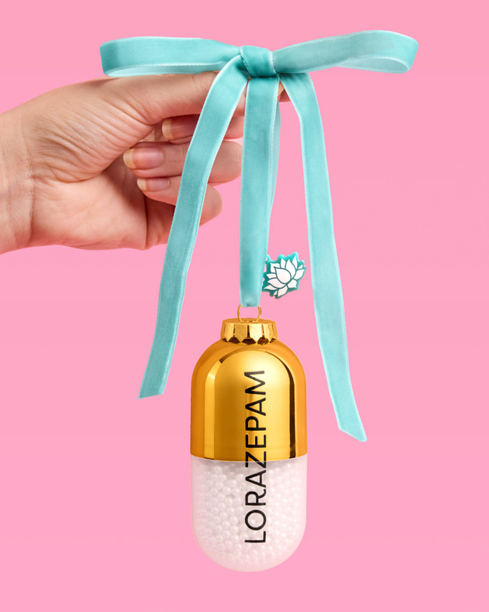 Lorazepam Ornament - gold and clear ornament
