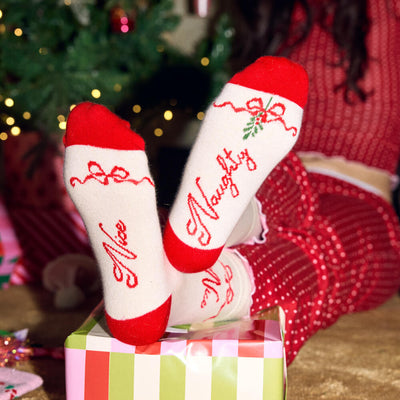 Naughty & Nice Knit Socks - cream crew socks