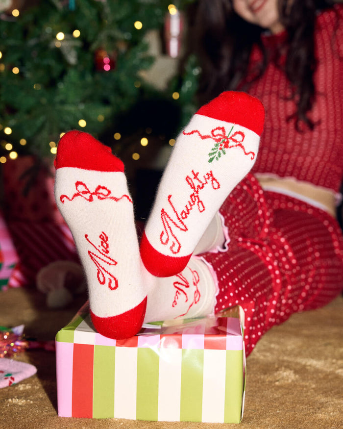Naughty & Nice Knit Socks - cream crew socks