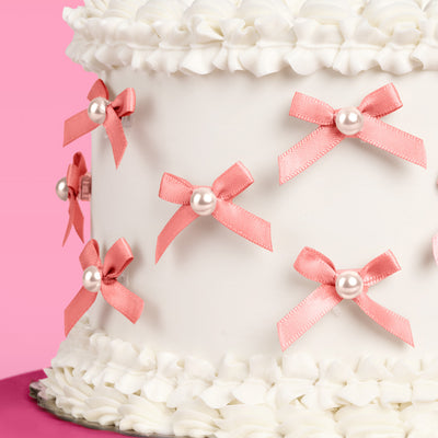 Pink Bow Cake Toppers - 12 pink + pearl cake toppers