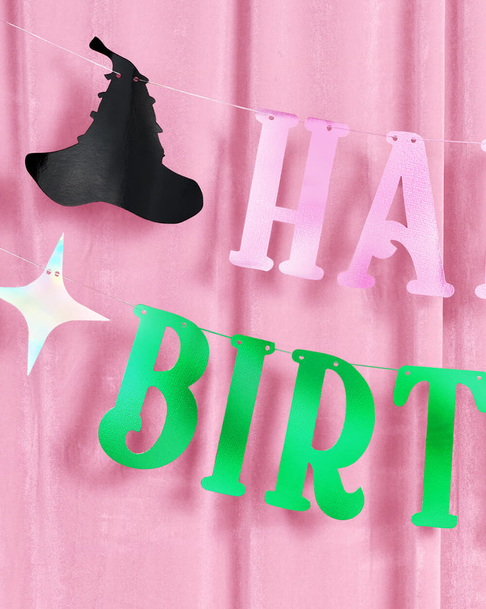 Birthday Witch Banner - pink + green foil banner