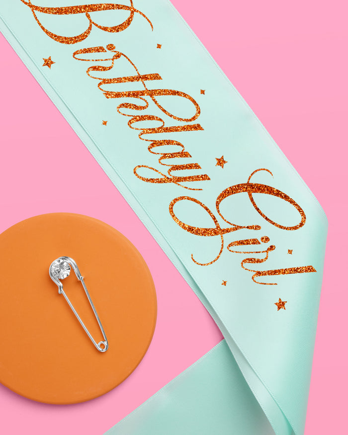 Life of A Birthday Girl Sash - teal sash + orange foil