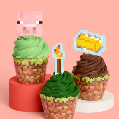Pixel Mining Cupcake Set - 30 sets of liners + toppers