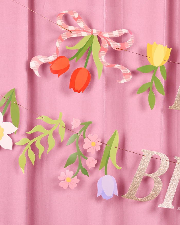 Floral Birthday Banner - gold glitter banner