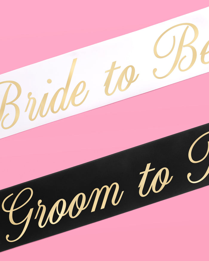 Bride and Groom Sash Duo - black + white satin sashes