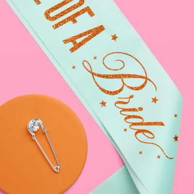 Life of A Bride Sash - aqua satin with orange foil