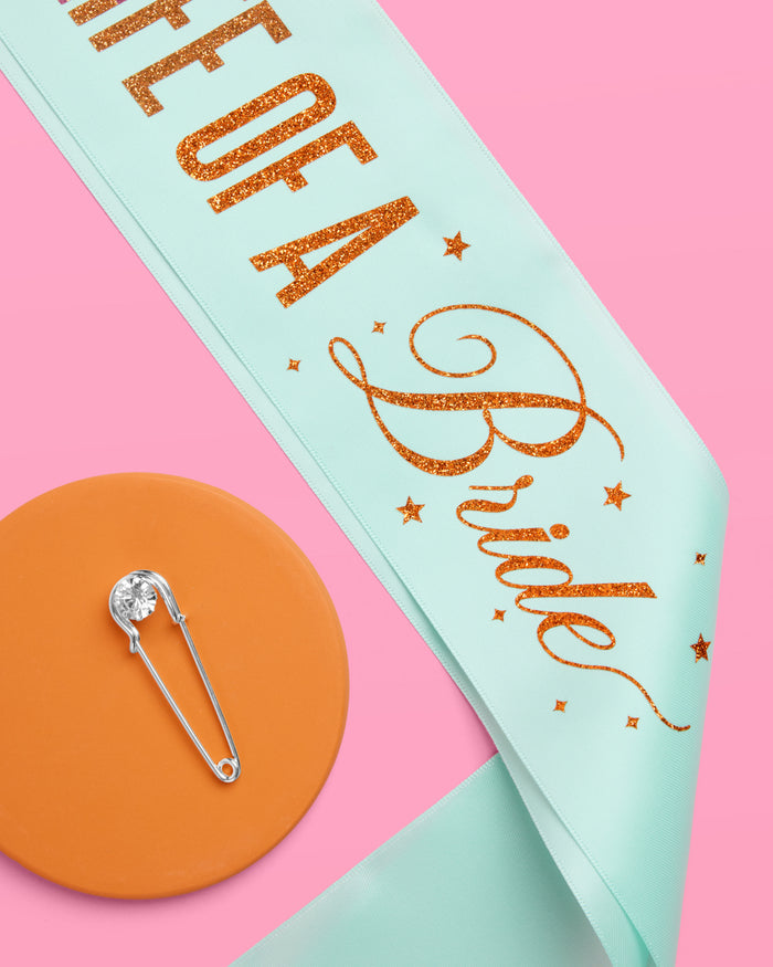 Life of A Bride Sash - aqua satin with orange foil