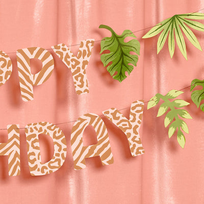 Safari Birthday Banner - animal print + leaf icons