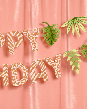 Safari Birthday Banner - animal print + leaf icons