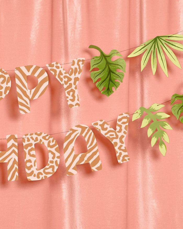 Safari Birthday Banner - animal print + leaf icons