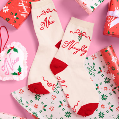 Naughty & Nice Knit Socks - cream crew socks