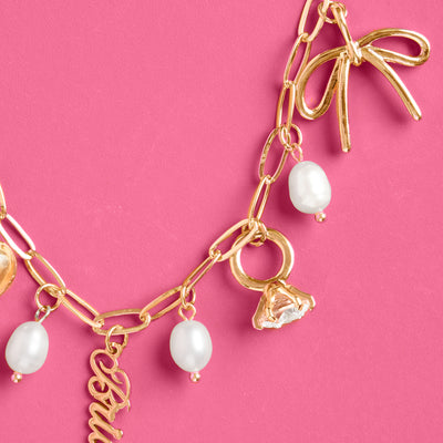 Bride Charm Necklace - gold, rhinestones + pearls