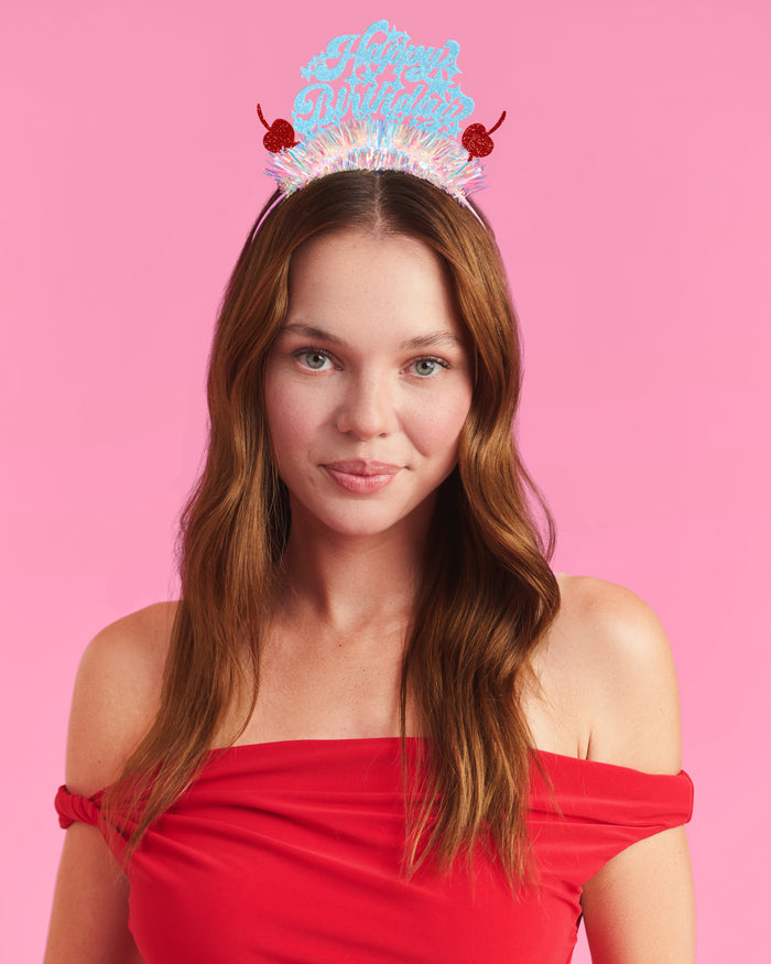 HBD Headband - cherry tinsel headband