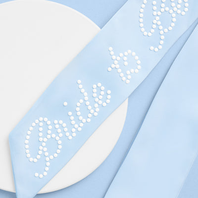 Bride To Be Pearl Bow - light blue satin + pearl logo