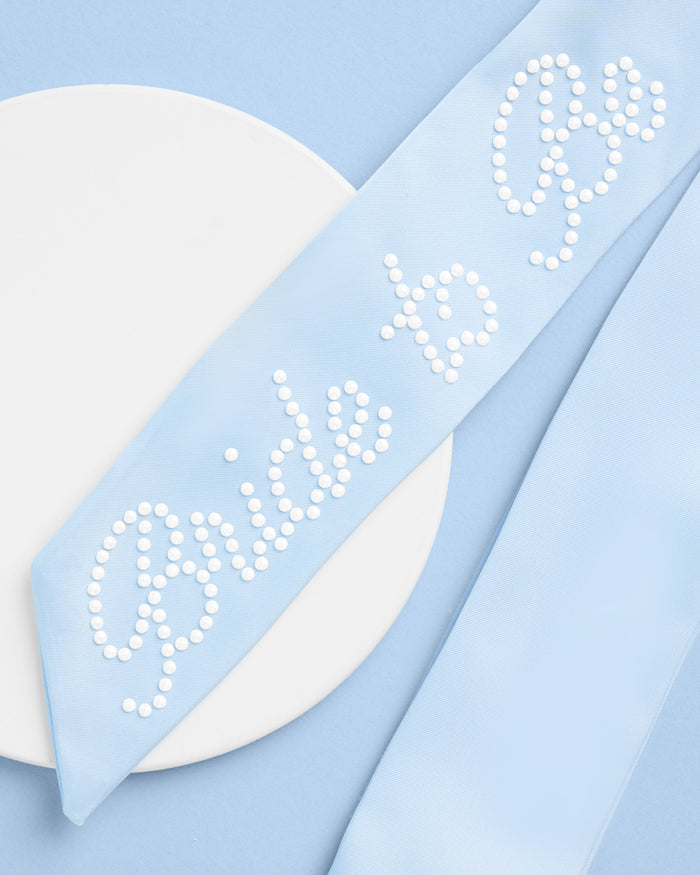 Bride To Be Pearl Bow - light blue satin + pearl logo
